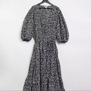 Black and white floral pattern wrap dress with sleeves